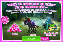 Size: 1957x1296 | Tagged: safe, imported from derpibooru, pharynx, changeling, advertisement, bush, costs real money, english, fangs, gameloft, gem, horn, insect wings, male, mobile game, my little pony: magic princess, numbers, official, sale, solo, solo focus, text, tree, wings