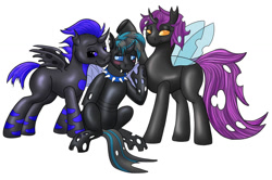 Size: 1280x851 | Tagged: safe, artist:termyotter, imported from derpibooru, oc, oc only, oc:blitzy, oc:quantum, oc:spatium ventus, changeling, blue changeling, changeling oc, purple changeling, simple background, white background