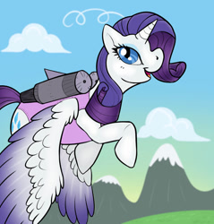 Size: 873x915 | Tagged: safe, artist:nightdreamthefool, imported from derpibooru, rarity, alicorn, alicornified, clothes, flying, jetpack, leotard, mountain, open mouth, race swap, raricorn, sky, sky background, solo