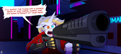 Size: 2522x1141 | Tagged: safe, artist:redxbacon, imported from derpibooru, oc, oc:caroline winters, anthro, unicorn, back to the future, commission, cyberpunk, cyberpunk 2077, gun, heterochromia, movie reference, rifle, solo, speech bubble, uvula, weapon