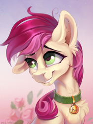 Size: 2131x2828 | Tagged: safe, artist:mithriss, imported from derpibooru, roseluck, earth pony, pony, bust, chest fluff, collar, commission, commissioner:doom9454, cute, ear fluff, female, guilty, mare, neck fluff, one ear down, pet tag, pony pet, rosepet, smiling, solo, teeth