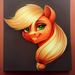 Size: 1024x1024 | Tagged: safe, generator:pony diffusion v2, imported from derpibooru, applejack, earth pony, pony, ai content, ai generated, bust, female, generator:stable diffusion, looking at you, mare, portrait, prompter:siber, smiling, smiling at you, solo