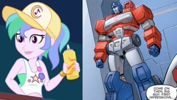 Size: 1280x720 | Tagged: safe, imported from derpibooru, screencap, human, equestria girls, equestria girls series, five lines you need to stand in, spoiler:eqg series (season 2), bare shoulders, comparison, not celestia, optimus prime, orion pax, sleeveless, summer solstice (g4), transformers