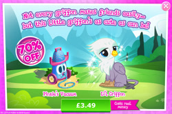 Size: 1958x1298 | Tagged: safe, imported from derpibooru, graff, griffon, advertisement, background character, background griffon, beak, bush, chickub, costs real money, english, folded wings, gameloft, li'l griffon, mobile game, my little pony: magic princess, numbers, official, sale, solo, solo focus, text, vacuum cleaner, wings