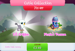 Size: 1264x857 | Tagged: safe, imported from derpibooru, graff, griffon, background character, background griffon, beak, bundle, bush, chickub, costs real money, english, folded wings, gameloft, li'l griffon, mobile game, my little pony: magic princess, numbers, official, sale, solo, solo focus, text, vacuum cleaner, wings