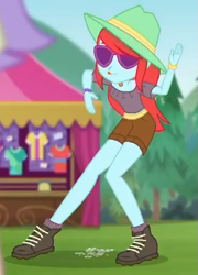 Size: 369x512 | Tagged: safe, edit, edited screencap, imported from derpibooru, screencap, human, accountibilibuddies, equestria girls, equestria girls series, spoiler:eqg series (season 2), bracelet, clothes, cropped, dancing, female, hat, jewelry, shorts, solo, sunglasses, tongue out, unnamed character