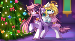 Size: 2048x1128 | Tagged: safe, artist:airiniblock, imported from derpibooru, oc, oc only, oc:angel light, oc:yume shine, pegasus, pony, christmas, christmas tree, duo, halo, holiday, looking at each other, looking at someone, pegasus oc, rcf community, riding, riding a pony, tree