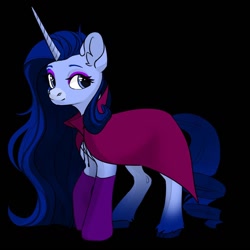 Size: 1024x1024 | Tagged: safe, artist:vanesasarbu, imported from derpibooru, rarity, pony, unicorn, black background, blue, cape, clothes, dark, eyeshadow, female, g4, g4 to g5, g5, generation leap, makeup, mare, purple eyeshadow, redesign, simple background, socks, solo, transparent background, unshorn fetlocks