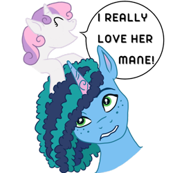 Size: 1280x1280 | Tagged: safe, artist:draconis-de-christus, imported from derpibooru, sweetie belle, pony, unicorn, female, filly, foal, g4, g5, i really like her mane, mare, misty brightdawn, simple background, solo, speech bubble, transparent background