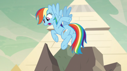 Size: 1280x720 | Tagged: safe, imported from derpibooru, screencap, rainbow dash, pegasus, pony, daring done?, season 7, butt, female, flying, i watch it for the plot, mare, open mouth, plot, pointing, rainbutt dash, solo, underhoof