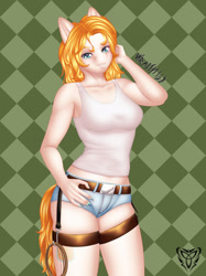 Size: 1662x2217 | Tagged: safe, artist:wraith148, imported from derpibooru, pear butter, anthro, earth pony, alternate hairstyle, belt, belt buckle, breasts, clothes, daisy dukes, eyebrows, eyelashes, female, g4, hook, lasso, looking at you, rope, shorts, smiling, solo, tail, tanktop, thighs