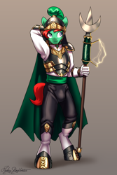 Size: 2000x3000 | Tagged: safe, artist:jedayskayvoker, imported from derpibooru, oc, oc:project castle, anthro, earth pony, armor, boots, cape, clothes, colored, colored sketch, cute, earth pony oc, full color, gradient background, male, shiny, shoes, sketch, solo, spear, stallion, weapon