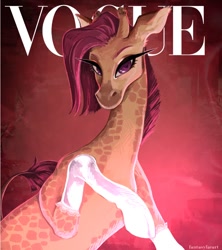 Size: 858x968 | Tagged: safe, artist:bunnibabe, imported from derpibooru, oc, oc only, oc:lovelace filigree, giraffe, clothes, cloven hooves, gloves, lace, looking at you, magazine cover, solo, vogue