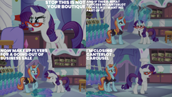 Size: 4400x2475 | Tagged: safe, edit, edited screencap, editor:quoterific, imported from derpibooru, screencap, rarity, sassy saddles, canterlot boutique, canterlot carousel, clothes, dress, princess dress