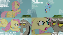 Size: 4400x2475 | Tagged: safe, edit, edited screencap, editor:quoterific, imported from derpibooru, screencap, discord, fluttershy, rainbow dash, draconequus, keep calm and flutter on