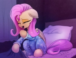 Size: 2603x2000 | Tagged: safe, artist:xbi, imported from derpibooru, fluttershy, pegasus, pony, 30 minute art challenge finished after, bed, bedroom, blanket, clothes, cute, eyes closed, female, floppy ears, mare, onesie, open mouth, pajamas, pillow, shyabetes, signature, sitting, sleepy, solo, wings, yawn