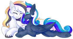 Size: 2200x1200 | Tagged: safe, artist:fluffywhirlpool, imported from derpibooru, oc, oc only, oc:flaming dune, oc:storm cloud river's, pegasus, pony, derpibooru community collaboration, 2023 community collab, best friends, chest fluff, concave belly, crystallized, curly mane, cute, duo, duo female, ear fluff, eyes closed, eyeshadow, female, folded wings, freckles, full body, leg fluff, looking at each other, looking at someone, lying down, makeup, mare, multicolored mane, multicolored tail, pegasus oc, simple background, slim, smiling, smiling at each other, tail, thin, transparent background, unshorn fetlocks, wings