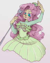 Size: 3058x3833 | Tagged: safe, artist:permafox, imported from derpibooru, fluttershy, human, equestria girls, equestria girls series, so much more to me, clothes, dress, flowing hair, frilly dress, humanized, looking at you, microphone, open mouth, open smile, simple background, singing, smiling, solo