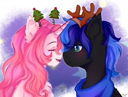Size: 2000x1525 | Tagged: safe, artist:fluffywhirlpool, imported from derpibooru, oc, antlers, chest fluff, christmas, christmas tree, clothes, commission, duo, ear fluff, fluffy, holiday, reindeer antlers, scarf, tree