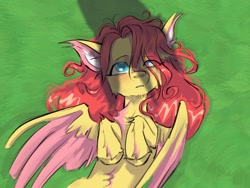 Size: 1504x1128 | Tagged: safe, artist:caninecrypt, imported from derpibooru, fluttershy, pegasus, pony, chest fluff, ear fluff, female, heart, heart eyes, lying down, solo, wingding eyes