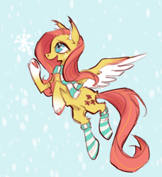 Size: 1280x1395 | Tagged: safe, artist:caninecrypt, imported from derpibooru, fluttershy, pegasus, pony, chest fluff, clothes, ear fluff, female, heart, heart eyes, mare, open mouth, open smile, simple background, smiling, snow, socks, solo, spread wings, striped socks, wingding eyes, wings