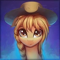 Size: 2000x2000 | Tagged: safe, artist:adagiostring, imported from derpibooru, oc, oc only, oc:maple drop, earth pony, pony, bust, commission, cute, female, food, hat, headshot commission, looking at you, mare, not applejack, orange, portrait, solo