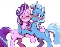 Size: 1288x1021 | Tagged: safe, artist:caninecrypt, imported from derpibooru, starlight glimmer, trixie, pony, unicorn, blushing, curved horn, duo, eyes closed, female, heart, heart eyes, horn, hug, lesbian, shipping, simple background, smiling, startrix, white background, wingding eyes