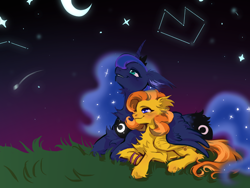 Size: 1280x960 | Tagged: safe, artist:caninecrypt, imported from derpibooru, princess luna, oc, alicorn, pegasus, pony, blushing, canon x oc, chest fluff, constellation, crescent moon, ear fluff, female, fluffy, grass, happy, hug, lesbian, lying down, moon, prone, smiling, stars, unshorn fetlocks, winghug, wings