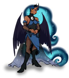 Size: 1280x1446 | Tagged: safe, artist:caninecrypt, imported from derpibooru, nightmare moon, princess luna, anthro, human, bat wings, clothes, crown, curved horn, female, horn, humanized, jewelry, regalia, simple background, solo, spread wings, white background, wings