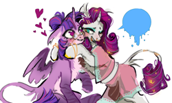 Size: 1280x767 | Tagged: safe, artist:caninecrypt, imported from derpibooru, rarity, twilight sparkle, alicorn, pony, bracelet, chest fluff, clothes, colored hooves, curved horn, duo, ear fluff, eyeshadow, female, glasses, hair bun, heart, heart eyes, horn, hug, jewelry, leonine tail, lesbian, makeup, nose piercing, nose ring, partially open wings, piercing, rarilight, shipping, simple background, sitting, smiling, tail, tail jewelry, twilight sparkle (alicorn), white background, wingding eyes, wings