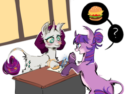 Size: 1280x960 | Tagged: safe, artist:caninecrypt, imported from derpibooru, rarity, twilight sparkle, classical unicorn, pony, unicorn, blushing, burger, cloven hooves, curved horn, duo, female, food, heart, heart eyes, hoof heart, horn, leonine tail, lesbian, magic, rarilight, shipping, simple background, smiling, tail, telekinesis, underhoof, unicorn twilight, unshorn fetlocks, white background, wingding eyes