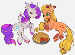 Size: 1280x929 | Tagged: safe, artist:caninecrypt, imported from derpibooru, applejack, rarity, earth pony, pony, unicorn, chest fluff, curved horn, duo, ear fluff, eyes closed, female, food, heart, heart eyes, horn, lesbian, lying down, pie, rarijack, shipping, wingding eyes