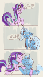 Size: 494x887 | Tagged: safe, artist:coypuppy, imported from derpibooru, starlight glimmer, trixie, pony, unicorn, 3 panel comic, colored hooves, comic, duo, duo female, female, kissing, lesbian, shipping, simple background, startrix, text, that escalated quickly