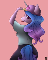 Size: 2000x2500 | Tagged: safe, artist:naen, imported from derpibooru, izzy moonbow, anthro, plantigrade anthro, unicorn, clothes, female, g5, hat, izzy the rapper, leggings, looking at you, looking back, mare, shirt, signature, simple background, solo, t-shirt