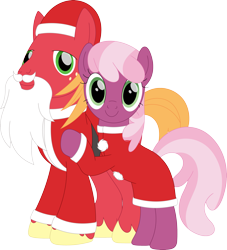 Size: 3211x3537 | Tagged: safe, artist:porygon2z, imported from derpibooru, big macintosh, cheerilee, christmas, clothes, costume, dress, fake beard, female, hat, holiday, looking at you, male, mare, santa costume, santa hat, simple background, stallion, transparent background