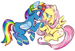 Size: 1280x883 | Tagged: safe, artist:caninecrypt, imported from derpibooru, fluttershy, rainbow dash, pegasus, pony, blushing, clothes, colored ear fluff, colored pinnae, duo, ear fluff, female, flutterdash, folded wings, heart, heart eyes, lesbian, looking at each other, looking at someone, shipping, simple background, smiling, smiling at each other, spread wings, uniform, white background, wingding eyes, wings, wonderbolts uniform