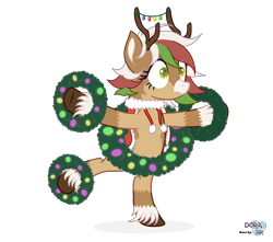Size: 2500x2213 | Tagged: safe, alternate version, artist:angelina-pax, imported from derpibooru, oc, oc only, oc:olive (reindeer), deer, antlers, bipedal, christmas, christmas lights, clothes, coat, commission, deer oc, female, holiday, markings, multicolored hair, non-pony oc, raised hoof, raised leg, reindeer antlers, reindeer oc, simple background, solo, transparent background, unshorn fetlocks, wreath, ych result