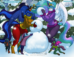 Size: 2199x1676 | Tagged: safe, artist:thebigbadwolf01, imported from derpibooru, princess celestia, princess luna, alicorn, anthro, earth pony, pegasus, unguligrade anthro, unicorn, big breasts, breasts, busty princess celestia, busty princess luna, children, clothes, crown, dialogue, female, foal, horn, horn cap, horn sock, horn warmer, huge breasts, jacket, jewelry, male, mittens, regalia, scarf, snow, snowman, spread wings, tail, teasing, wings