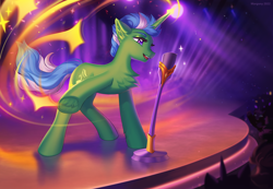 Size: 1744x1208 | Tagged: safe, artist:margony, imported from derpibooru, oc, oc only, pony, unicorn, chest fluff, crowd, magic, microphone, singing, solo, sparkles, stage