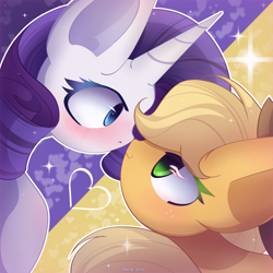 Size: 2200x2200 | Tagged: safe, artist:miryelis, imported from derpibooru, applejack, rarity, earth pony, pony, unicorn, big ears, blushing, boop, cute, female, hat, heart, horn, impossibly large ears, jackabetes, lesbian, looking at each other, looking at someone, raribetes, rarijack, shipping, simple background, smiling
