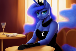 Size: 1920x1280 | Tagged: safe, derpibooru exclusive, editor:dovakkins, imported from derpibooru, princess luna, alicorn, anthro, ai content, ai generated, beautiful, black dress, breasts, busty princess luna, clothes, cutie mark on clothes, dress, ethereal mane, ethereal tail, generator:stable diffusion, gloves, horn, jewelry, necklace, reasonably sized breasts, regalia, sitting, table, tail, wingless