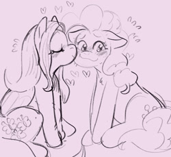 Size: 2048x1876 | Tagged: safe, artist:sleepy screen, imported from derpibooru, fluttershy, pinkie pie, earth pony, pegasus, pony, cheek kiss, eyes closed, female, flutterpie, heart, kissing, lesbian, monochrome, shipping, sitting, sketch, smiling
