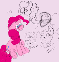 Size: 1937x2048 | Tagged: safe, artist:sleepy screen, imported from derpibooru, pinkie pie, earth pony, pony, crying, female, sitting, sketch, smiling, tears of joy, text, transgender