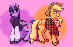 Size: 1005x645 | Tagged: safe, artist:sleepy screen, imported from derpibooru, applejack, twilight sparkle, alicorn, earth pony, pony, blushing, clothes, duo, ear piercing, female, lesbian, piercing, shipping, simple background, smiling, twijack, twilight sparkle (alicorn)