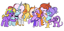 Size: 3300x1600 | Tagged: safe, artist:iceflower99, imported from derpibooru, oc, oc only, oc:buggy brush, oc:darky spell, oc:foggy bismuth, oc:june griffon, oc:sunrise goldhearts, oc:zweet beatz, demon, demon pony, griffon, original species, pegasus, pony, unicorn, derpibooru community collaboration, 2023 community collab, chest fluff, choker, clothes, curved horn, daemonequus, eyes closed, female, floppy ears, griffon oc, group, heterochromia, horn, hug, jewelry, kissing, long horn, mare, necklace, pegasus oc, playing with hair, ribbon, simple background, standing on two hooves, sweater, transparent background, unicorn oc