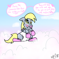 Size: 1920x1920 | Tagged: safe, artist:duckchip, imported from derpibooru, derpy hooves, pegasus, pony, blushing, booties, bound wings, cloud, diaper, diaper fetish, fetish, heart, heart eyes, heterochromia, mittens, non-baby in diaper, offscreen character, on a cloud, pacifier, pink, solo, speech bubble, wingding eyes, wings