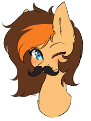 Size: 3429x4576 | Tagged: safe, artist:torihime, imported from derpibooru, oc, oc only, oc:aerion featherquill, pegasus, pony, blushing, bust, commission, facial hair, fake moustache, female, mare, moustache, one eye closed, simple background, solo, transparent background, wink, ych result