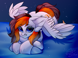 Size: 3000x2246 | Tagged: safe, artist:shinoshai, imported from derpibooru, oc, oc only, oc:rainy sky, pegasus, pony, bed, commission, female, hug, looking at you, lying down, mare, pillow, pillow hug, solo, spread wings, wings, ych result