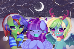Size: 10440x6844 | Tagged: safe, artist:arwencuack, imported from derpibooru, oc, oc:christian clefnote, oc:eminence bloom, oc:lutecia, pegasus, pony, unicorn, antlers, bell, bell collar, candy, candy cane, christmas, christmas stocking, clothes, collar, commission, food, hat, holiday, moon, santa hat, scarf, smiling, snow, snowfall, snowman, socks, striped scarf, striped socks, tongue out, tree