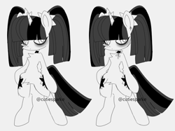Size: 834x624 | Tagged: safe, artist:cutiesparke, imported from derpibooru, twilight sparkle, semi-anthro, unicorn, alternate hairstyle, arm hooves, bipedal, black and white, chest fluff, choker, eyeshadow, female, grayscale, hoof on hip, looking sideways, makeup, monochrome, pigtails, solo, twintails, unicorn twilight